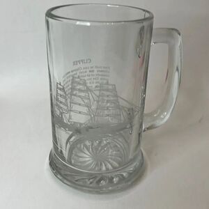 Clipper Sailing Ship Beer Stein Clear Glass White Letters 14 Oz 5 3/4 In Tall